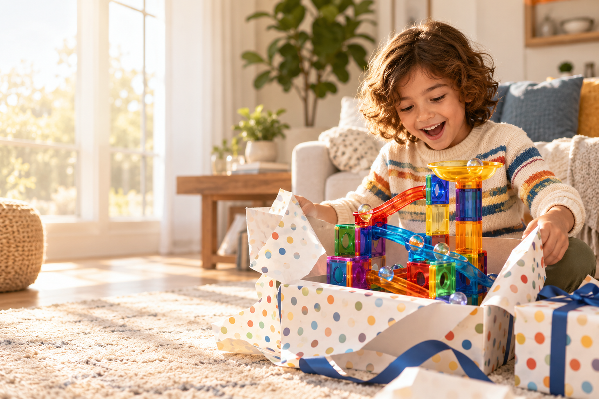 Child opening a colorful marble run birthday gift